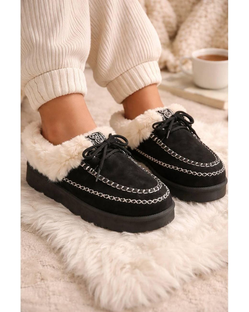 LARANGE Black Embroidered Fluffy Cozy Moccasin-Inspired Slipper Slippers