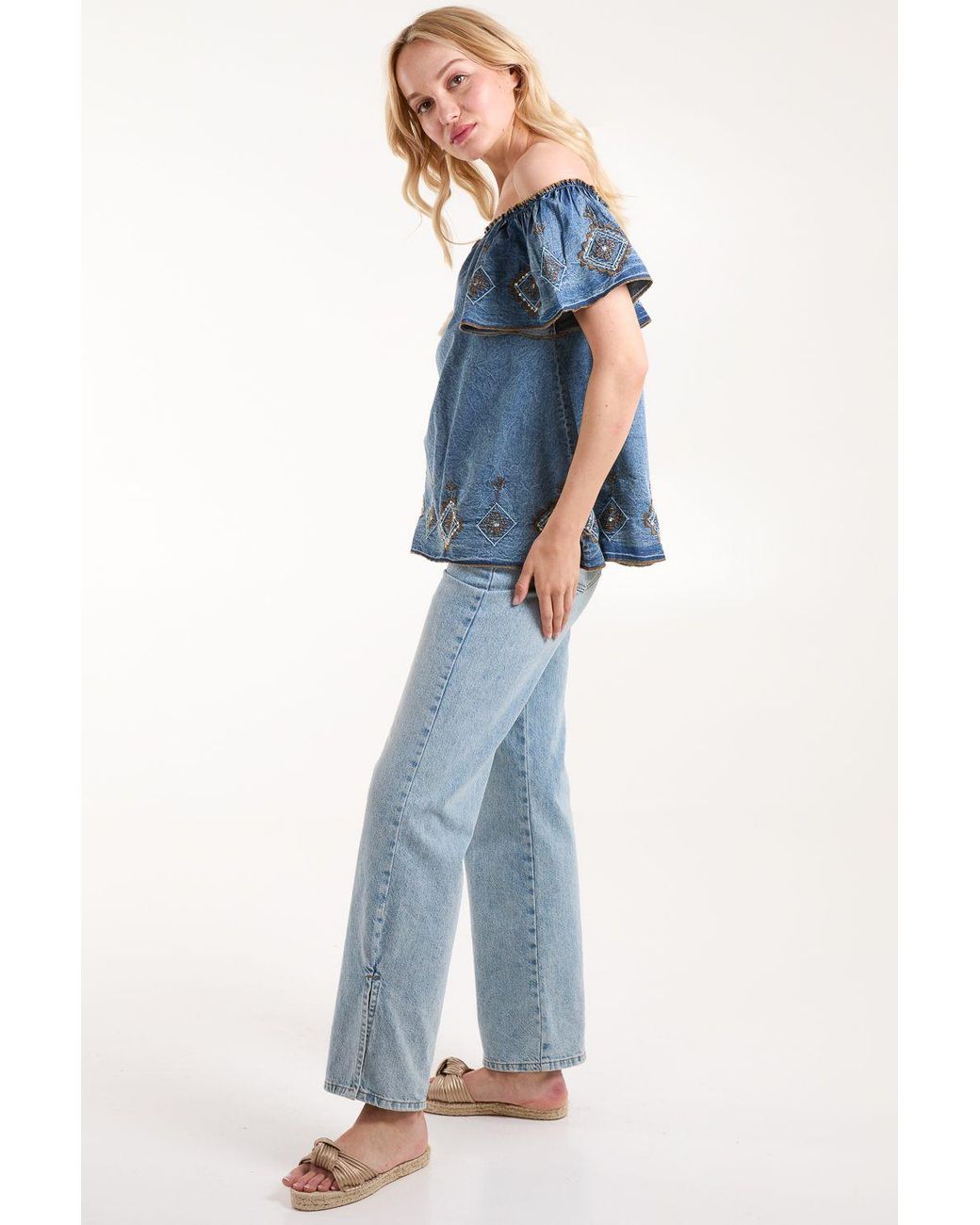 Blue Vanilla Blue Denim Embroidered Bardot Top