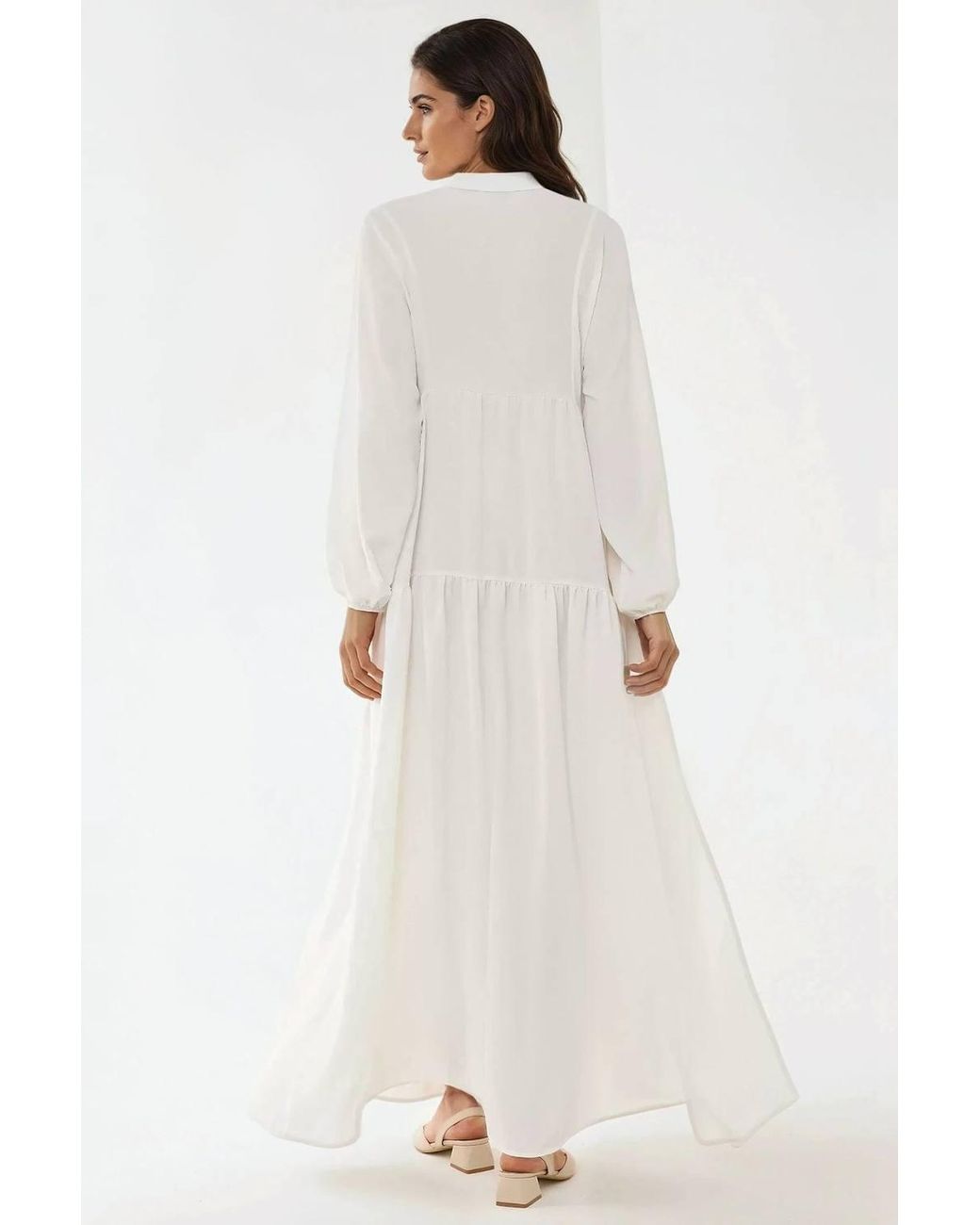 Hiccup White Textured V-Neck Maxi Dress With Button Detail