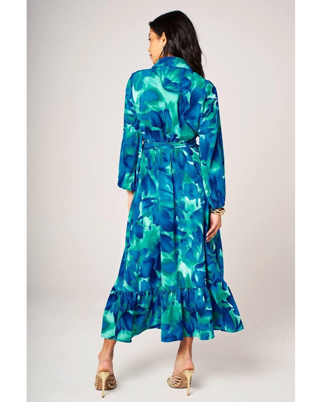FS Collection Blue Abstract Floral Print Shirt Midi Dress With Ruffled Hem