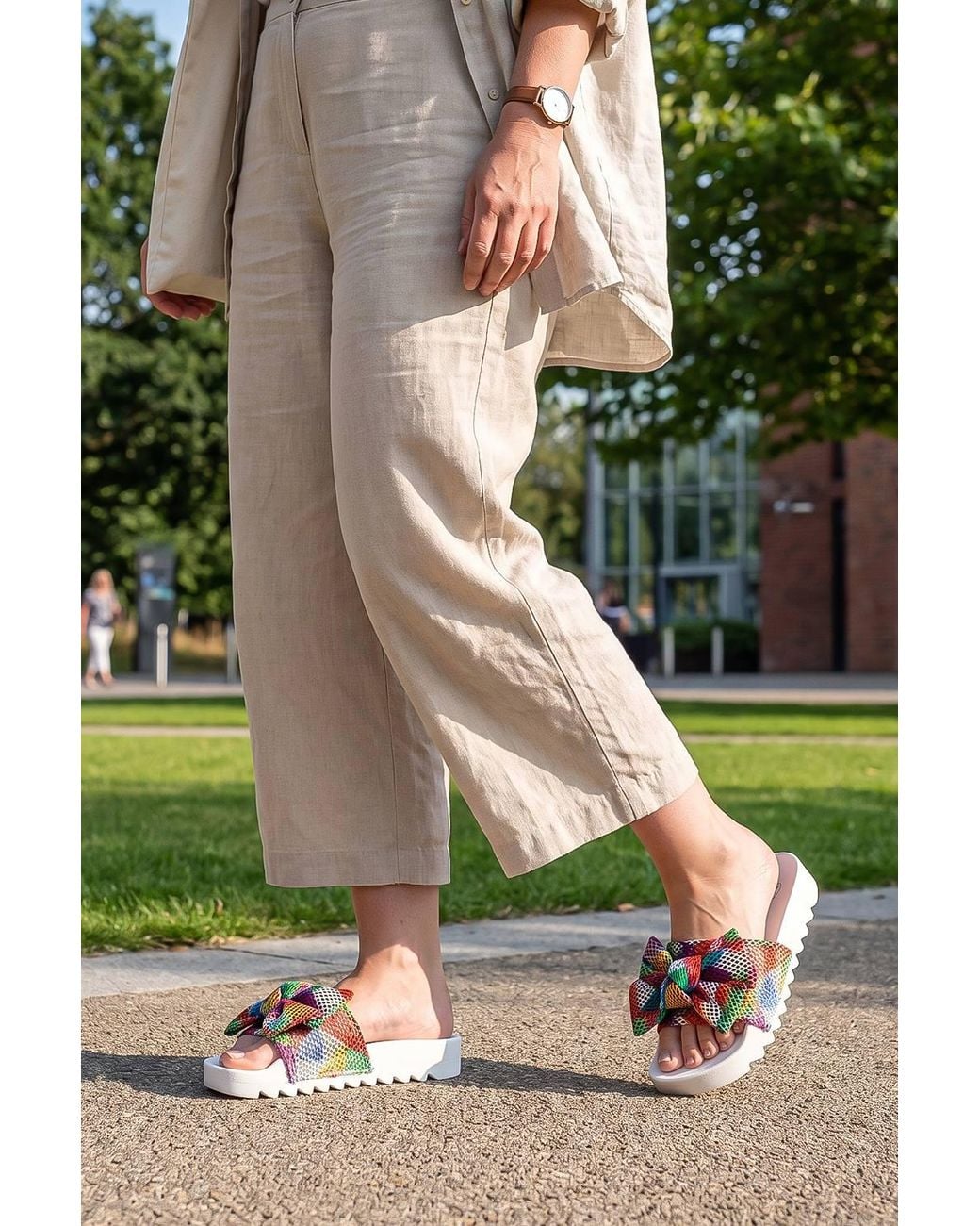 Spot on Green Oversized Bow Platform Slider Sandals