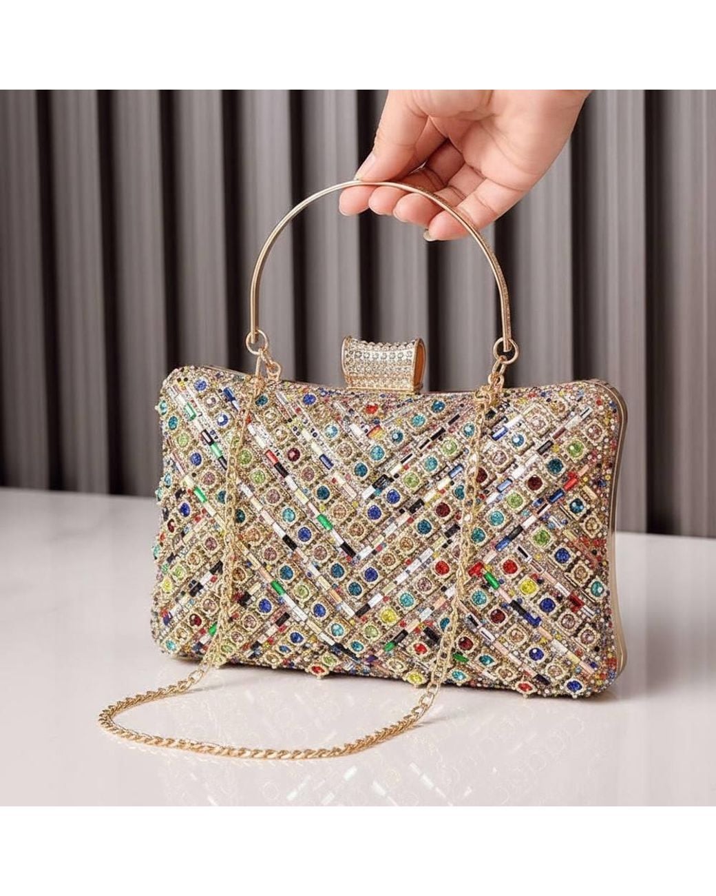 LARANGE Blue Multicolour Embellished Beaded Rhinestone Clutch Evening Bag Chain