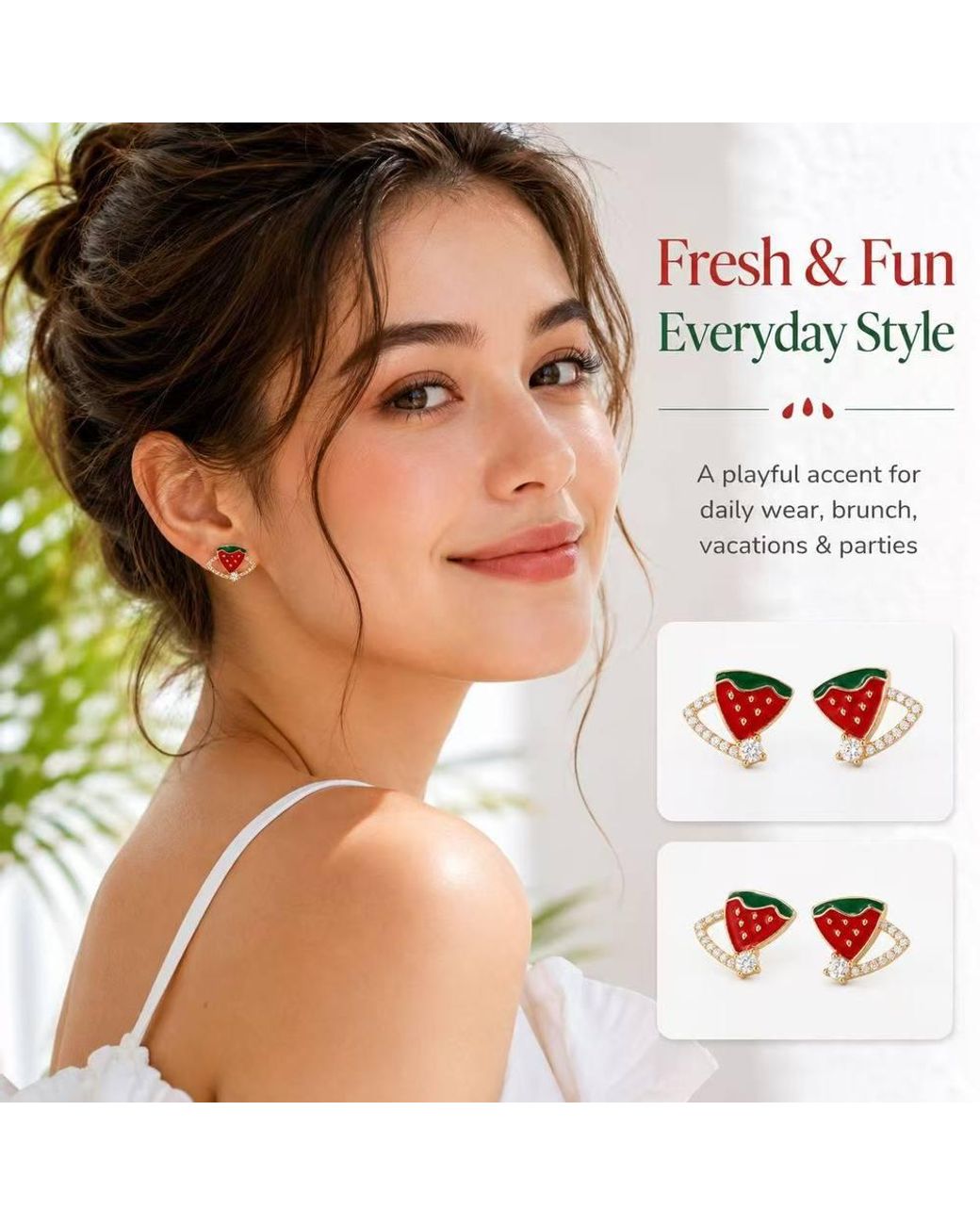 BluCore Red Watermelon‑Shaped Stud Earrings, ‑Tone Crystal Inlaid Fruit