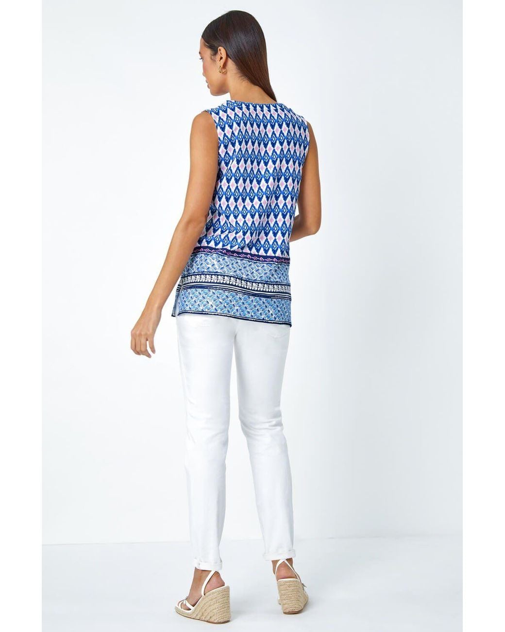 Roman Blue Longline Border Print V-Neck Blouse