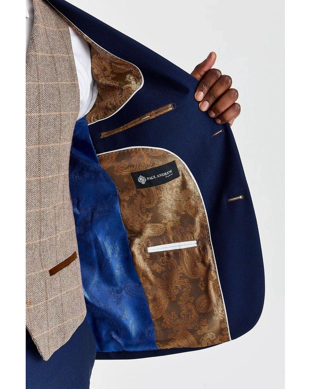 Paul Andrew Blue 3 Piece Textured Suit With Tweed Check Waistcoat for men