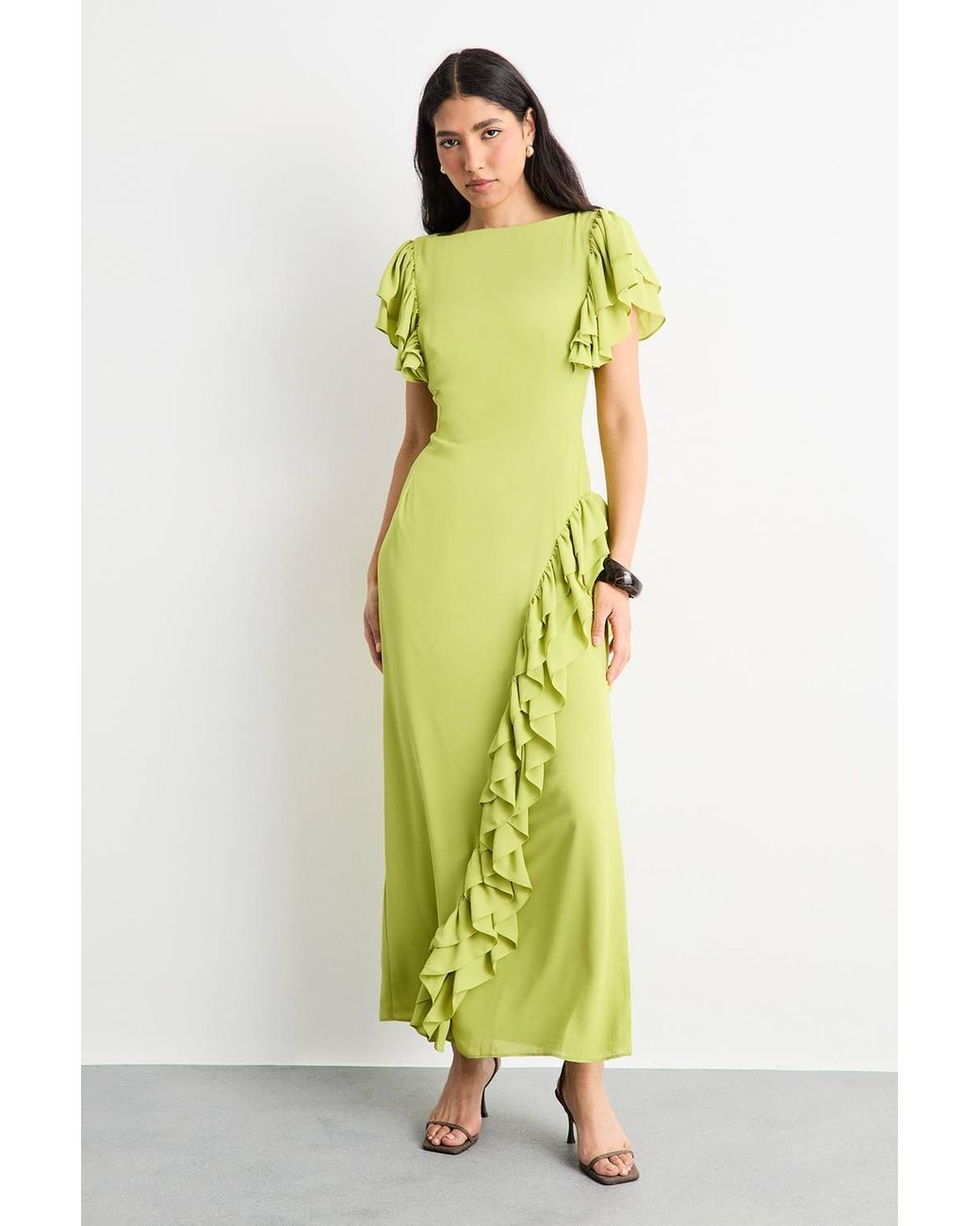 Warehouse Yellow Side Split Ruffle Detail Maxi Dress
