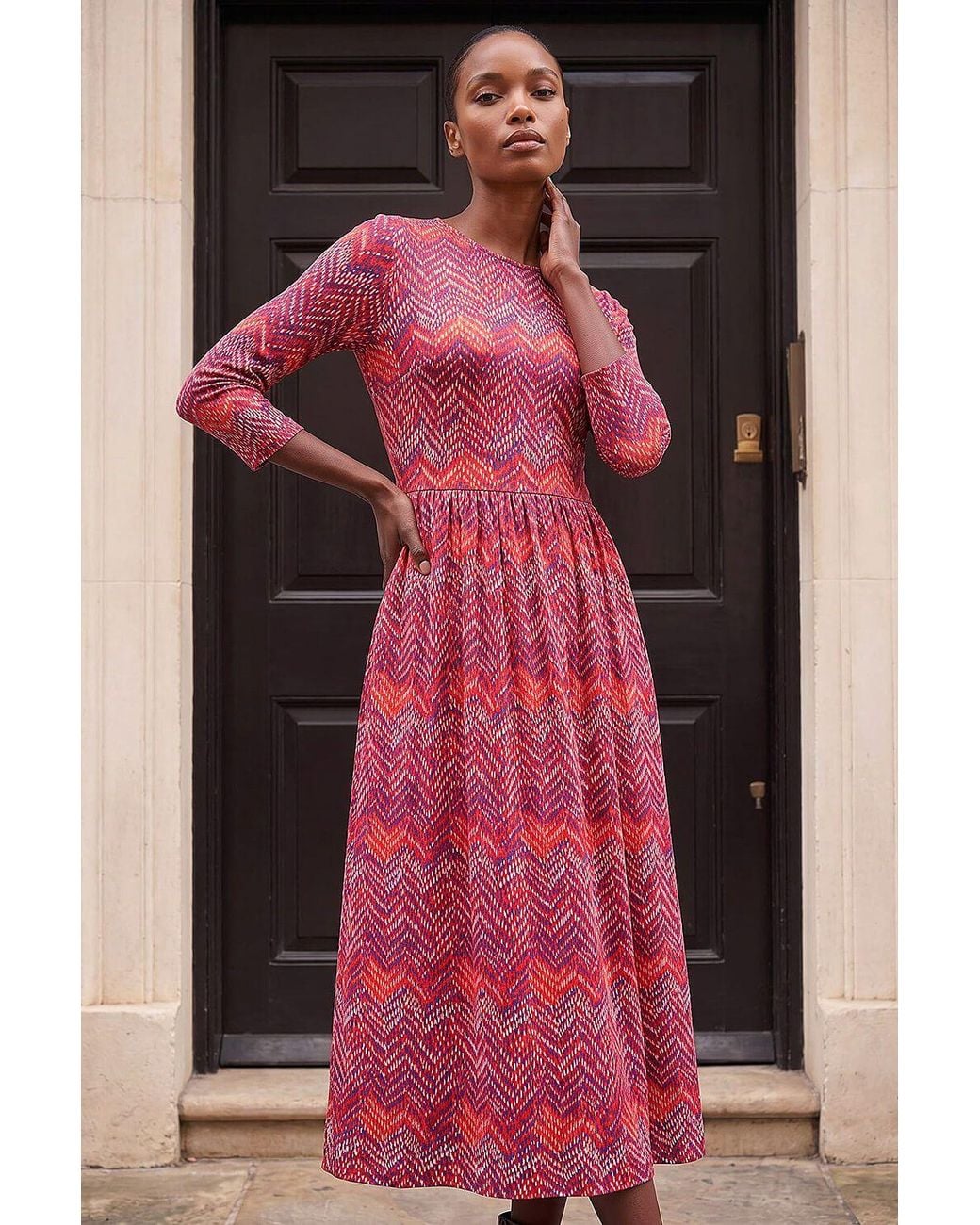 Roman Pink Zig Zag Print Midi Dress