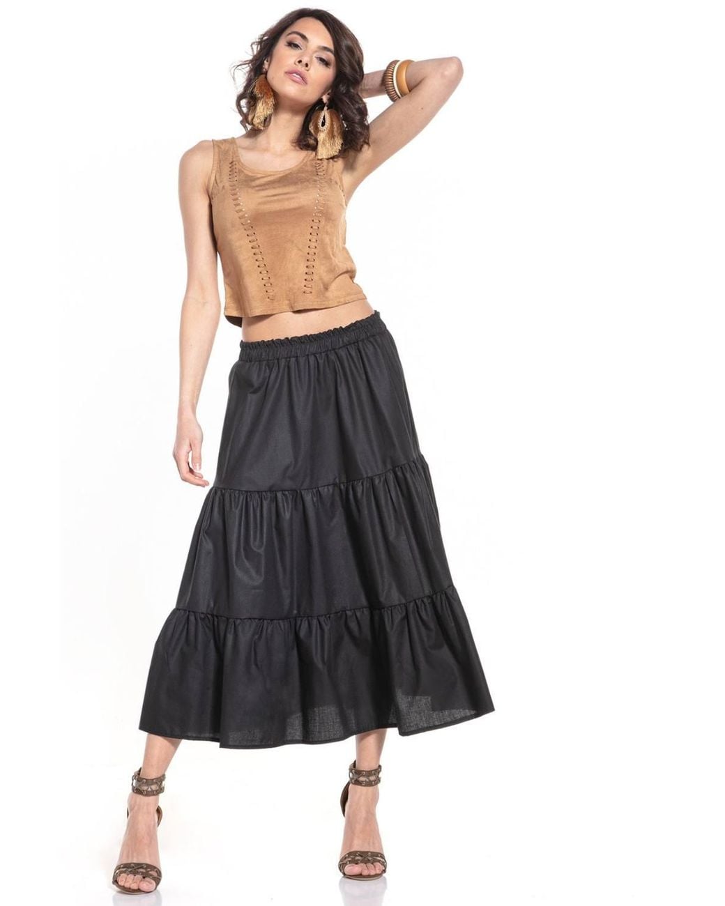 Love Lace Black Long Airy Cotton Skirt With Elastic Waist