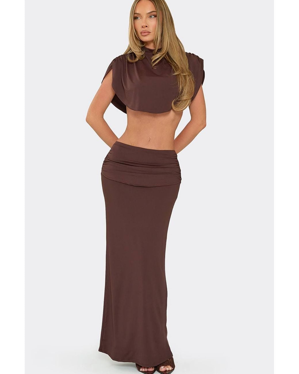 EGO Brown Ruched Low Rise Maxi Skirt