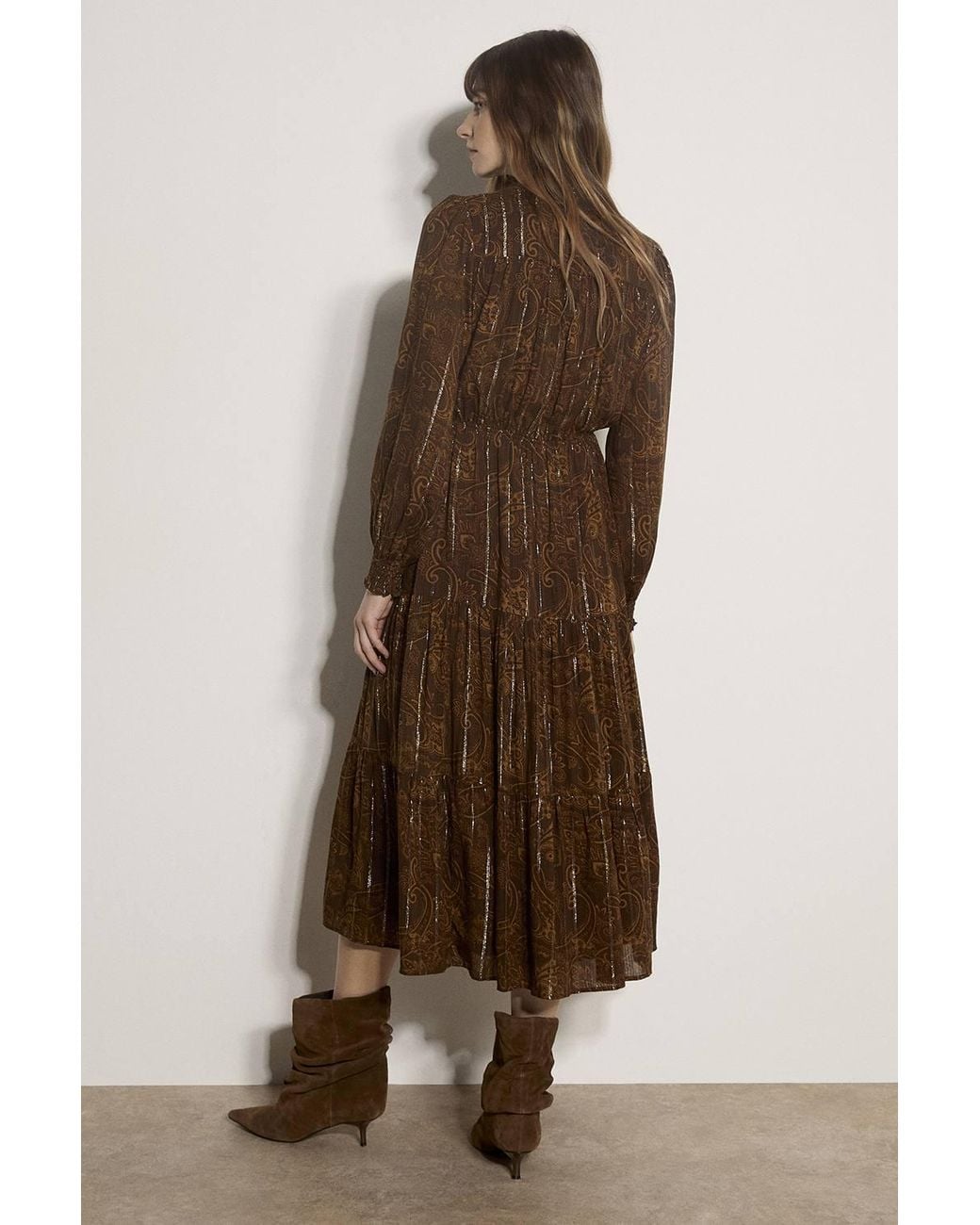 Apricot Brown Paisley Metallic Shimmer Tiered Midi Dress