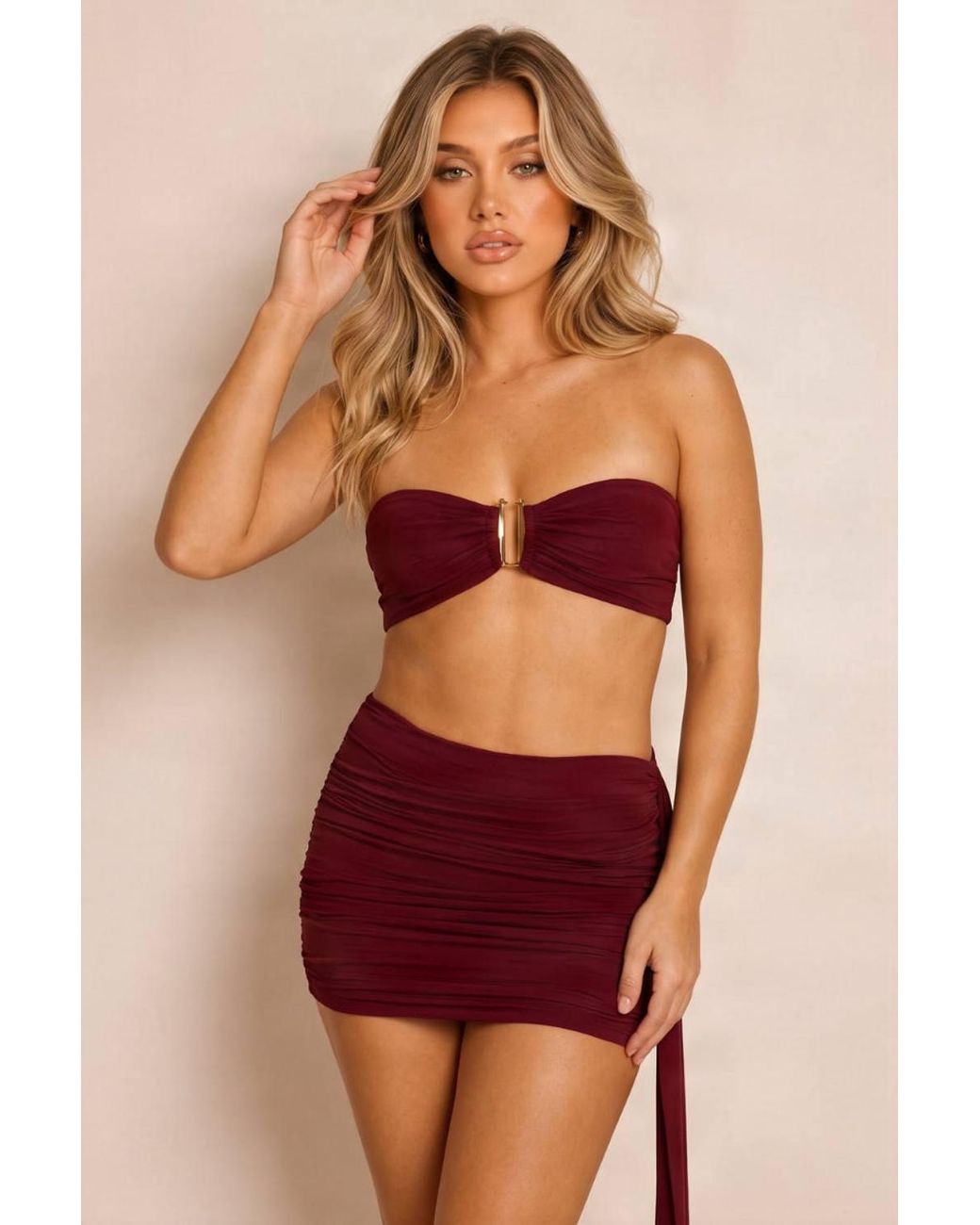 Rebellious Fashion Red Holland Slinky Trim Detail Bandeau Top & Drape Mini Skirt Co-Ord Set