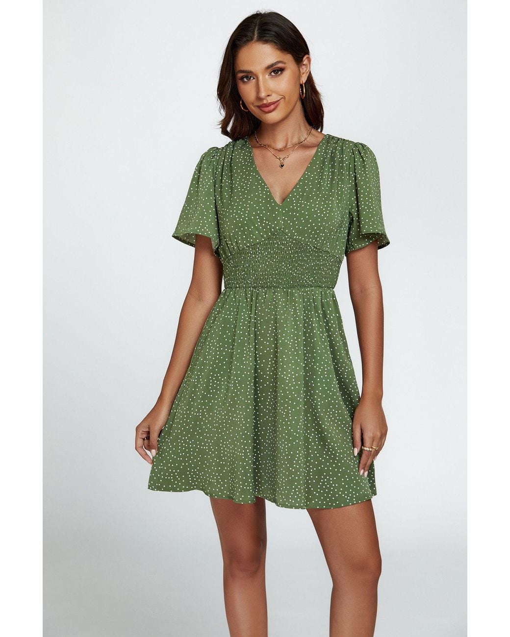 FS Collection Green Polka Dot V-Neck Mini Dress With Shirred Waist