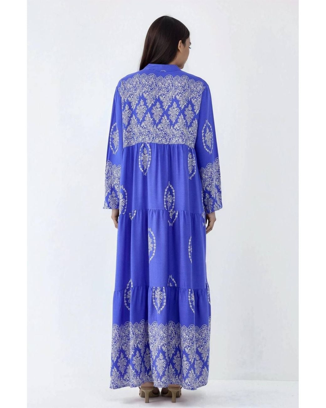 Hiccup Blue V-Neck Patterned Maxi Dress With Button Closure