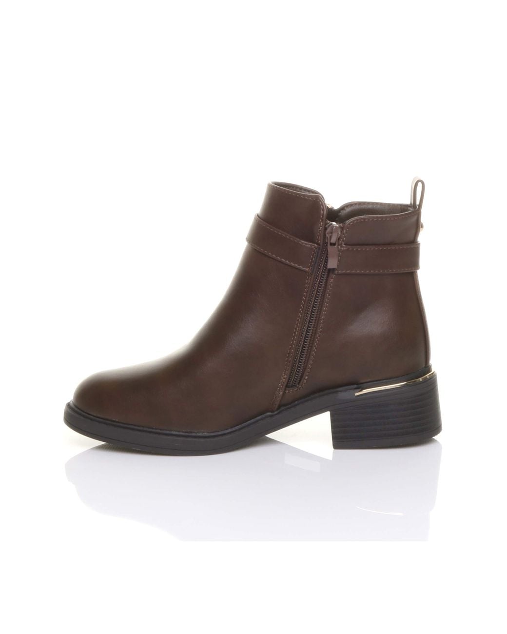 AJVANI Brown Low Heel Zip Chunky Sole Buckle Ankle Boots