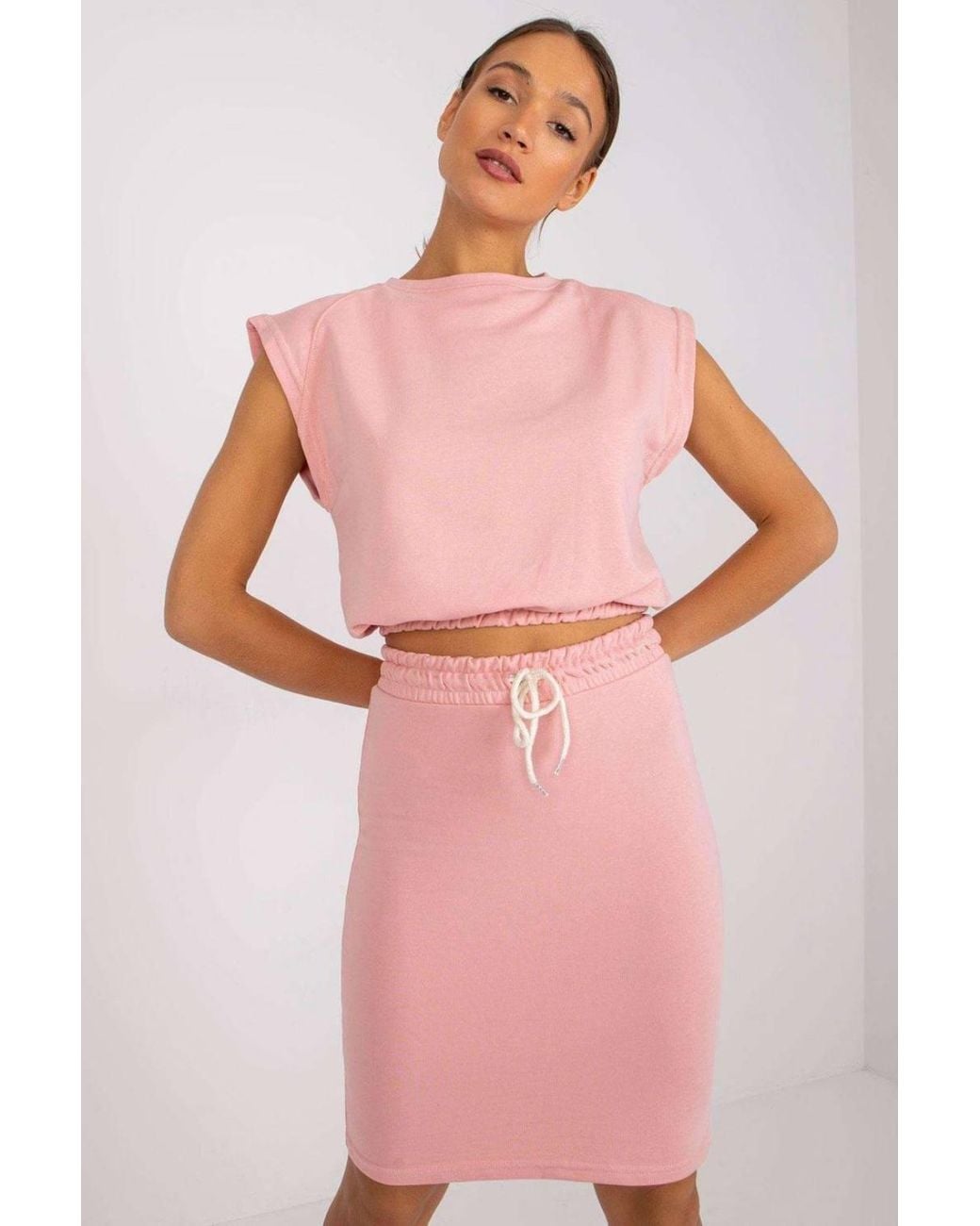 Love Lace Pink Summer Blouse & Skirt Set With Tie Waist