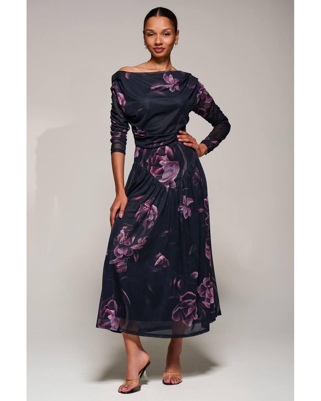 Jolie Moi Blue Long Sleeve Asymmetric Mesh Midi Dress