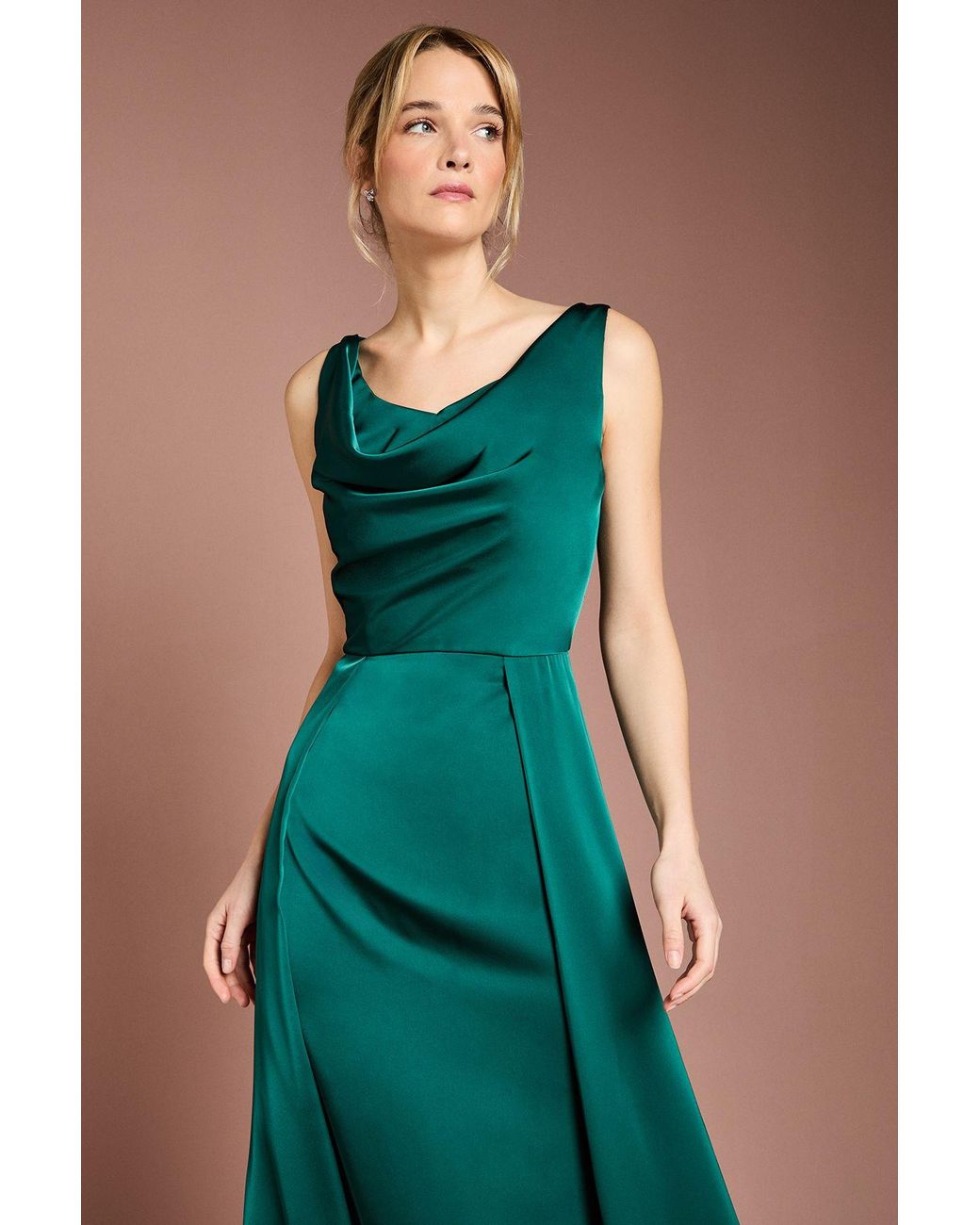 Coast Green Honoured Sleeveless Cowl Neck Satin Maxi Bridesmaid Dress