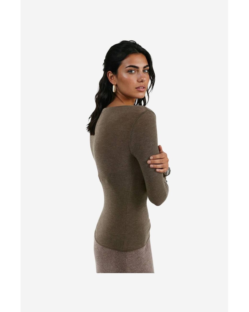 Busem Brown Long-Sleeve Lace V-Neck Top