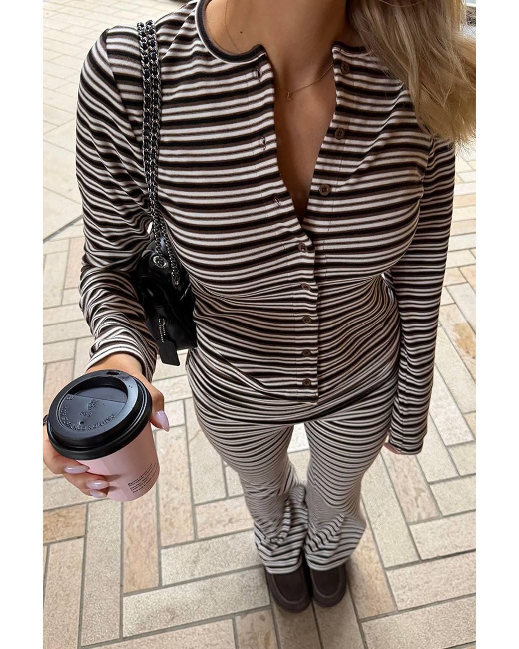 EGO Gray Long Sleeve Button Up V-Neck Top