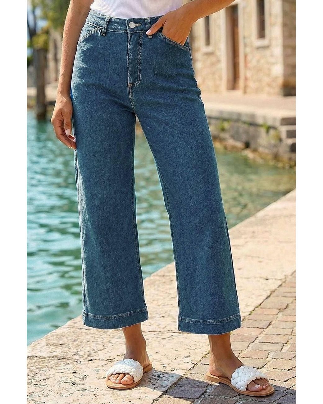 Roman Green Wide Leg Stretch Denim Cropped Culottes