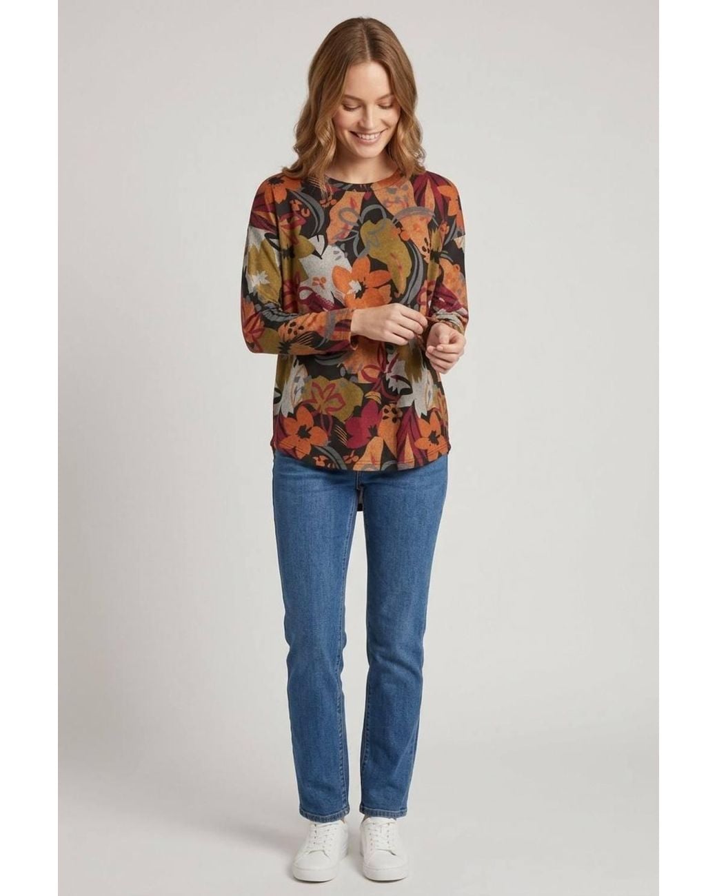 Izabel London Blue Floral Batwing Long Sleeve Relaxed Top