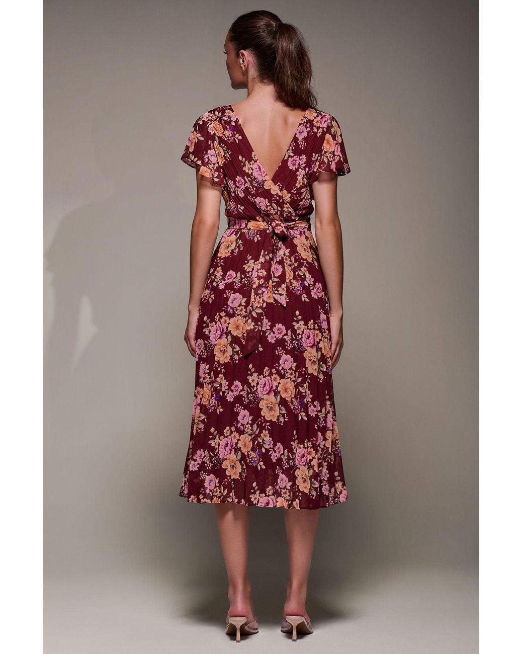 Jolie Moi Red Printed Ruffle Detail Pleated Chiffon Midi Dress