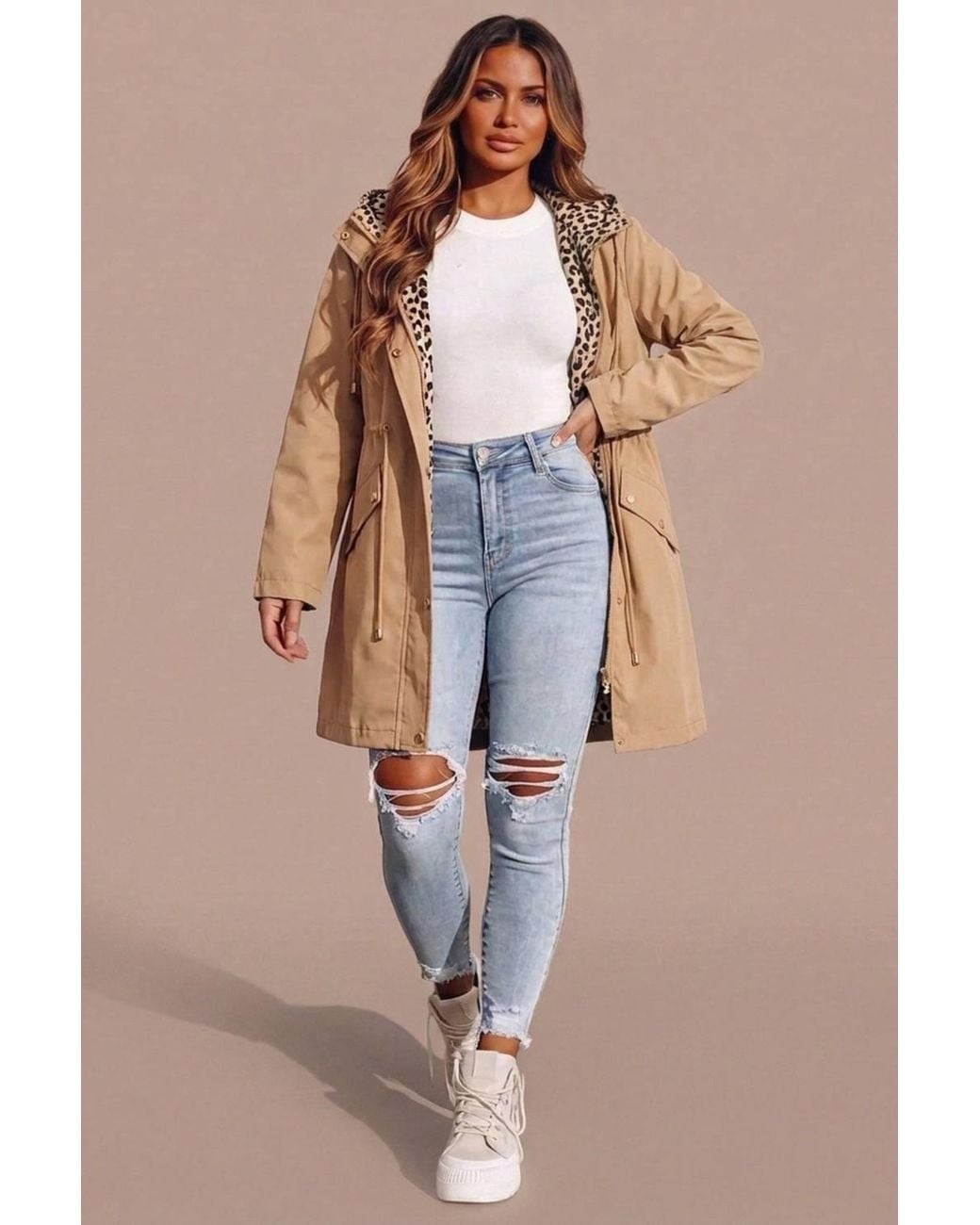 Femme Luxe Natural Parka With Leopard Print Lining Hooded Jacket
