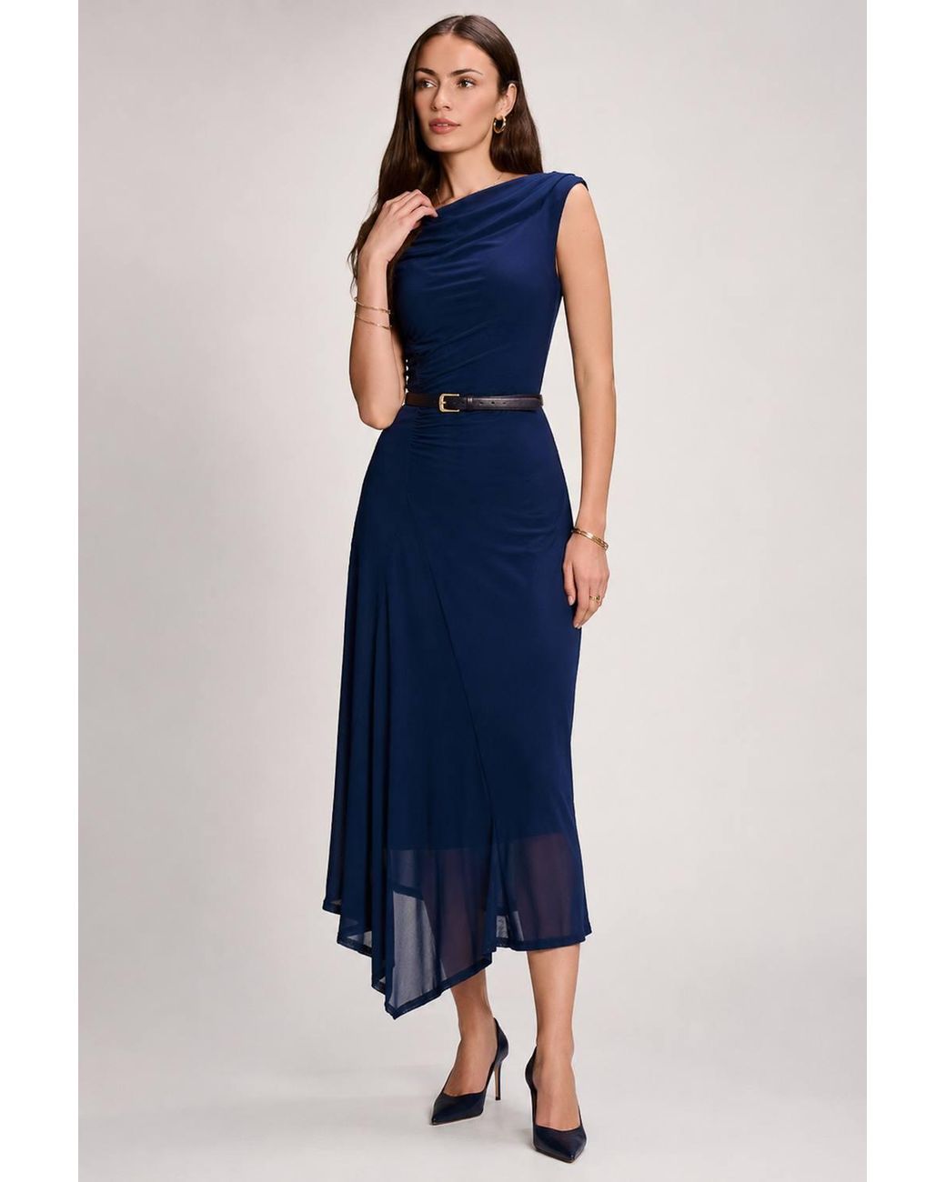 Jolie Moi Blue Asymmetric Draped Mesh Maxi Dress