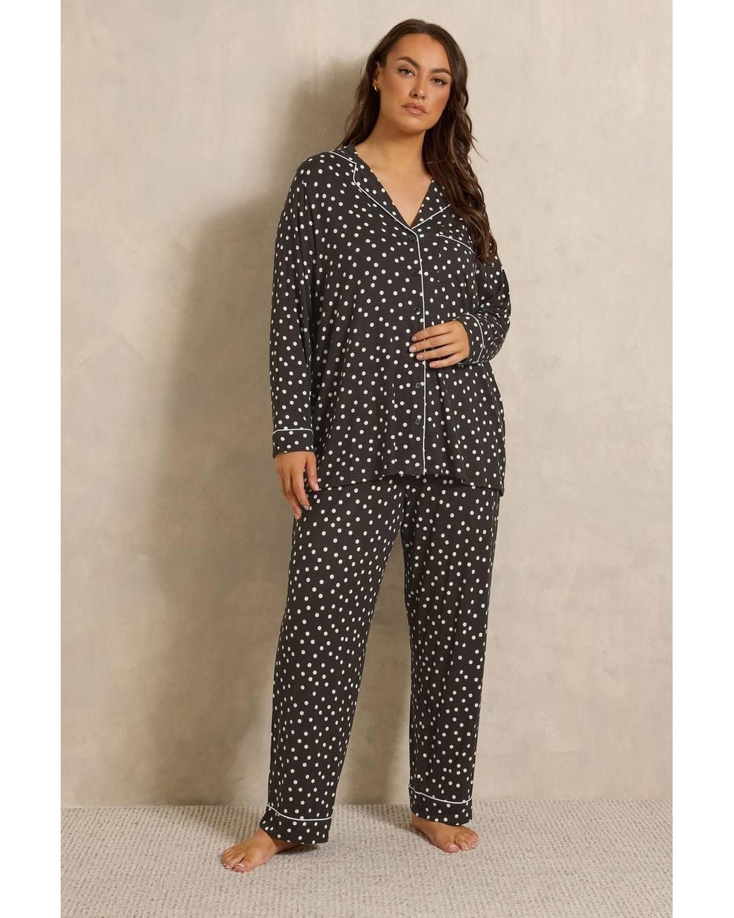 Evans Brown Premium Long Sleeve Wide Leg Trousers Pyjama Set
