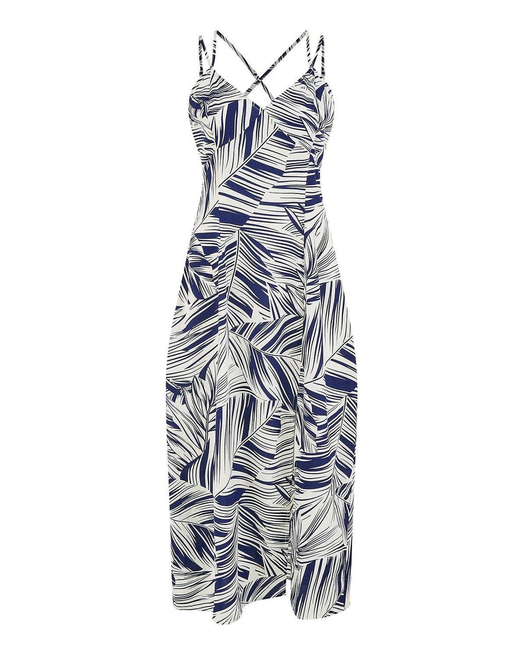 Yumi' Blue Leaf Print Maxi Dress With Cross Back
