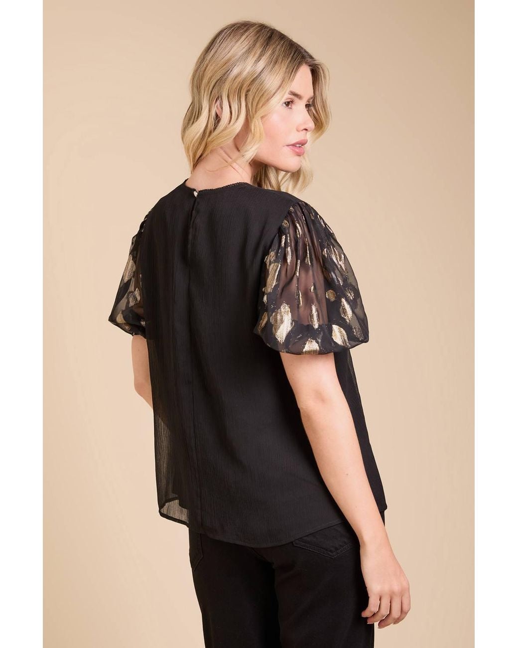 Dorothy Perkins Black Metallic Jacquard Puff Sleeve Top