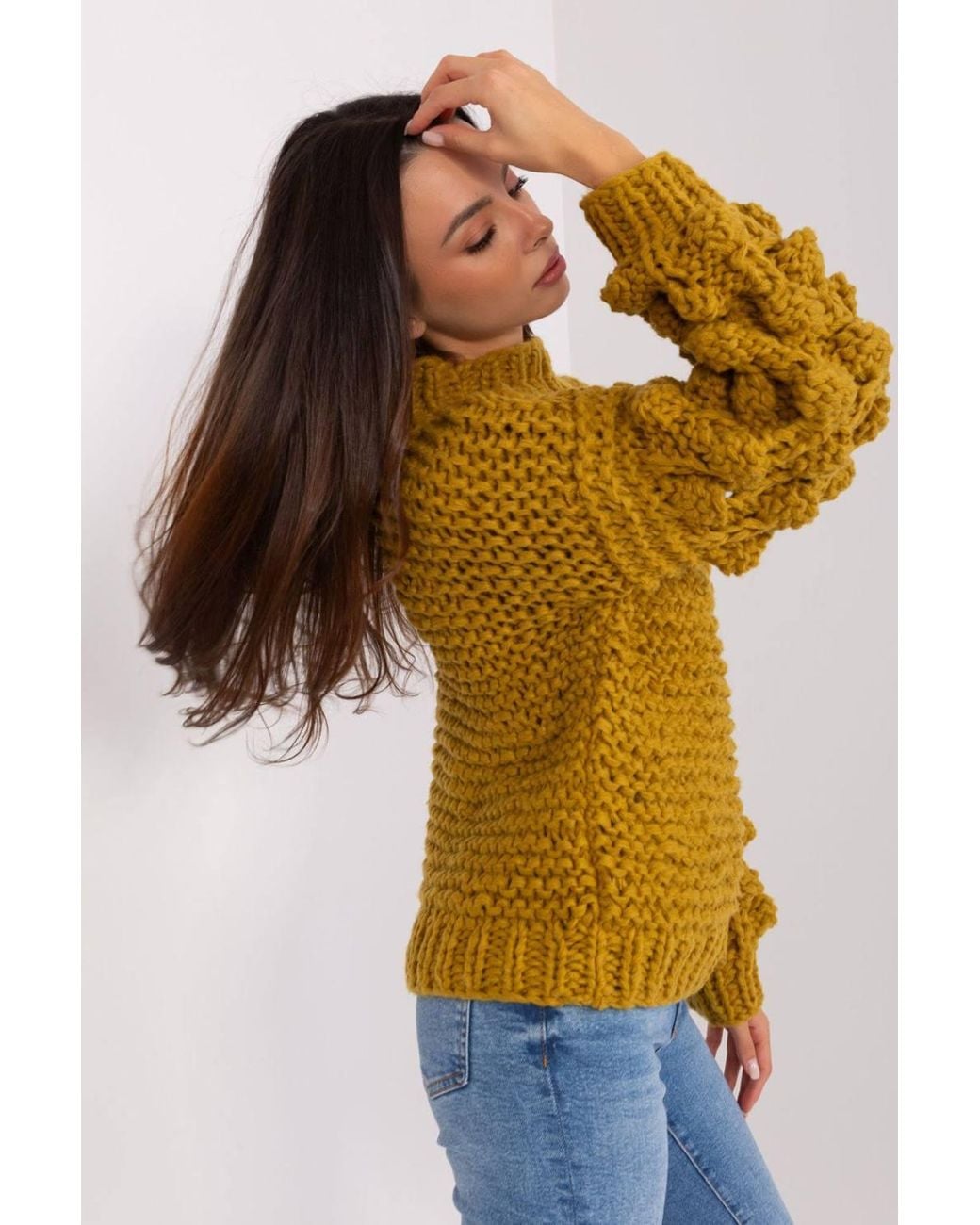 Love Lace Yellow Soft Polyester Puff Sleeve Round Neck Sweater Style 186593