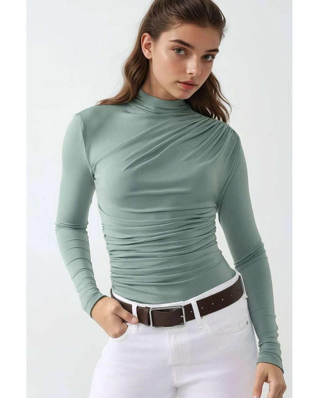 Hiccup Green High Collar Drape Detail Blouse