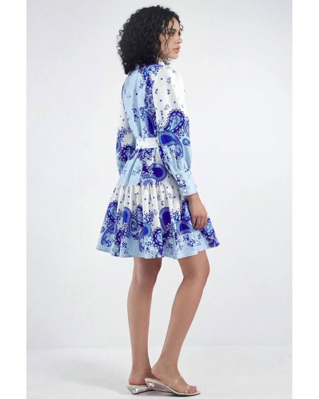 Msn-Collection Blue Patterned A-Line Mini Dress