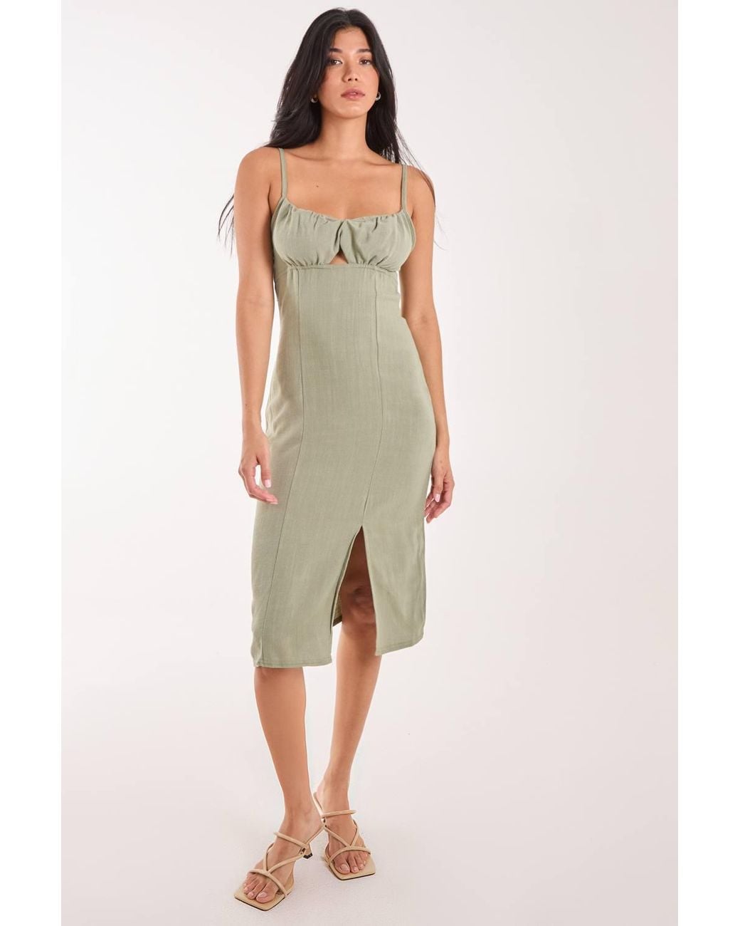 Pink Vanilla Green Ruched Linen Style Midi Dress