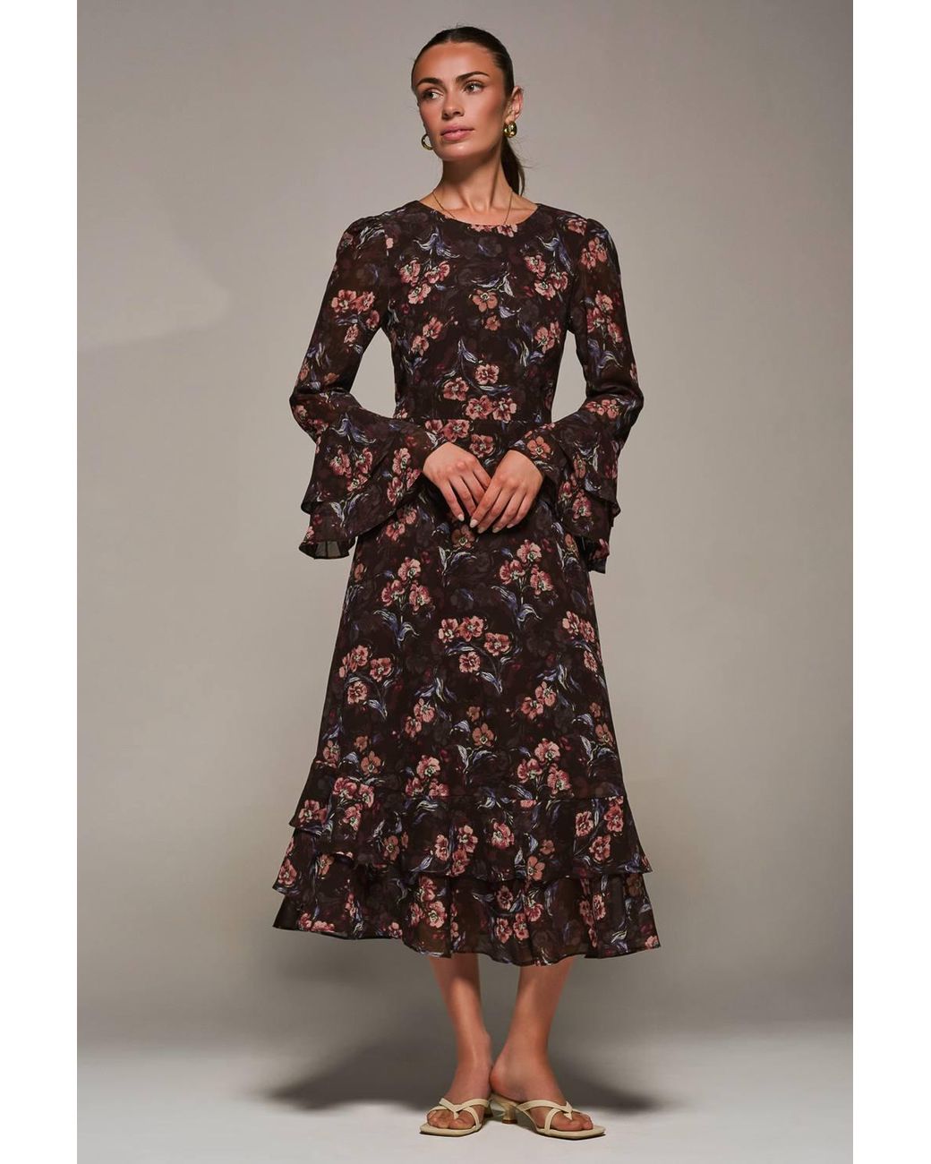 Jolie Moi Brown Long Sleeve Chiffon Frill Midaxi Dress