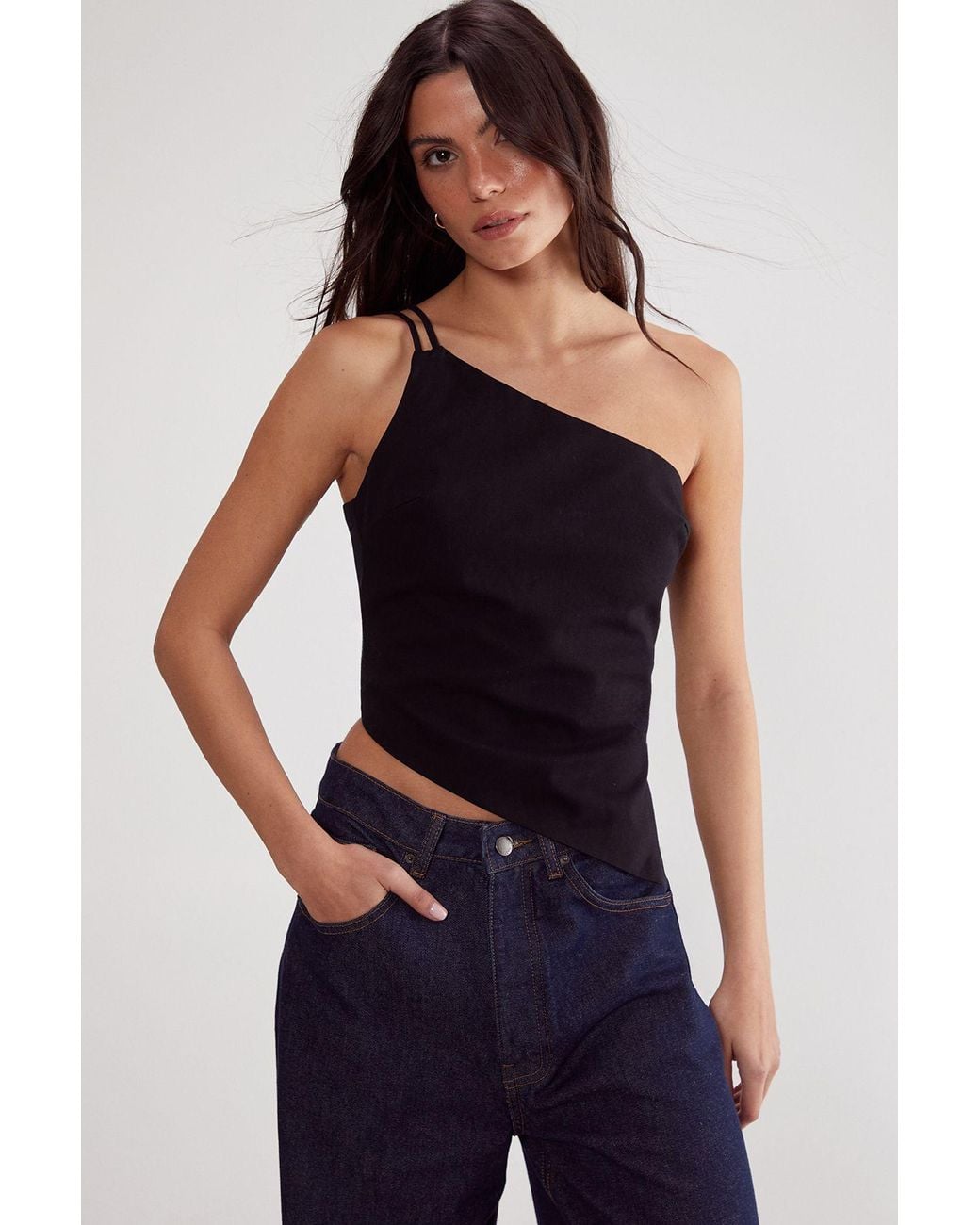 Nasty Gal Blue Cotton Twill Asym Neck Tailored Top