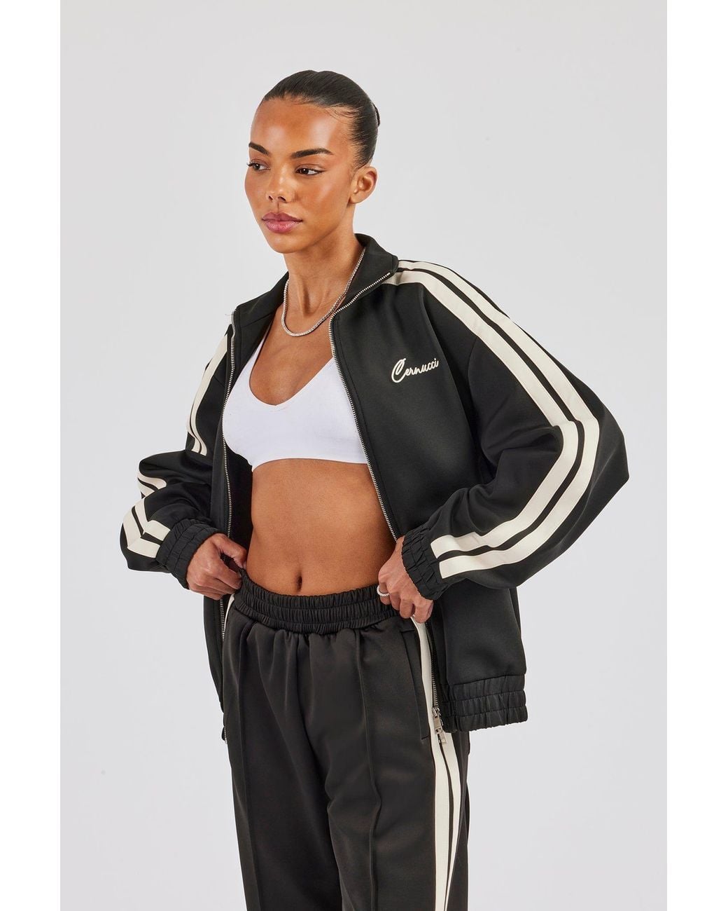 CERNUCCI Black Funnel Neck Taping Zip Through Track Jacket