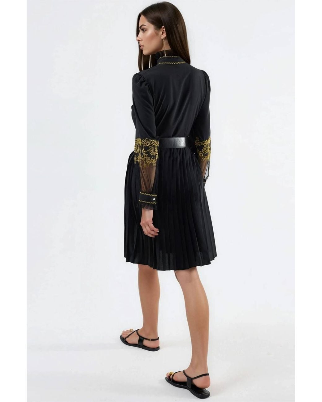 Msn-Collection Black Embroidered Mandarin Collar Mini Dress