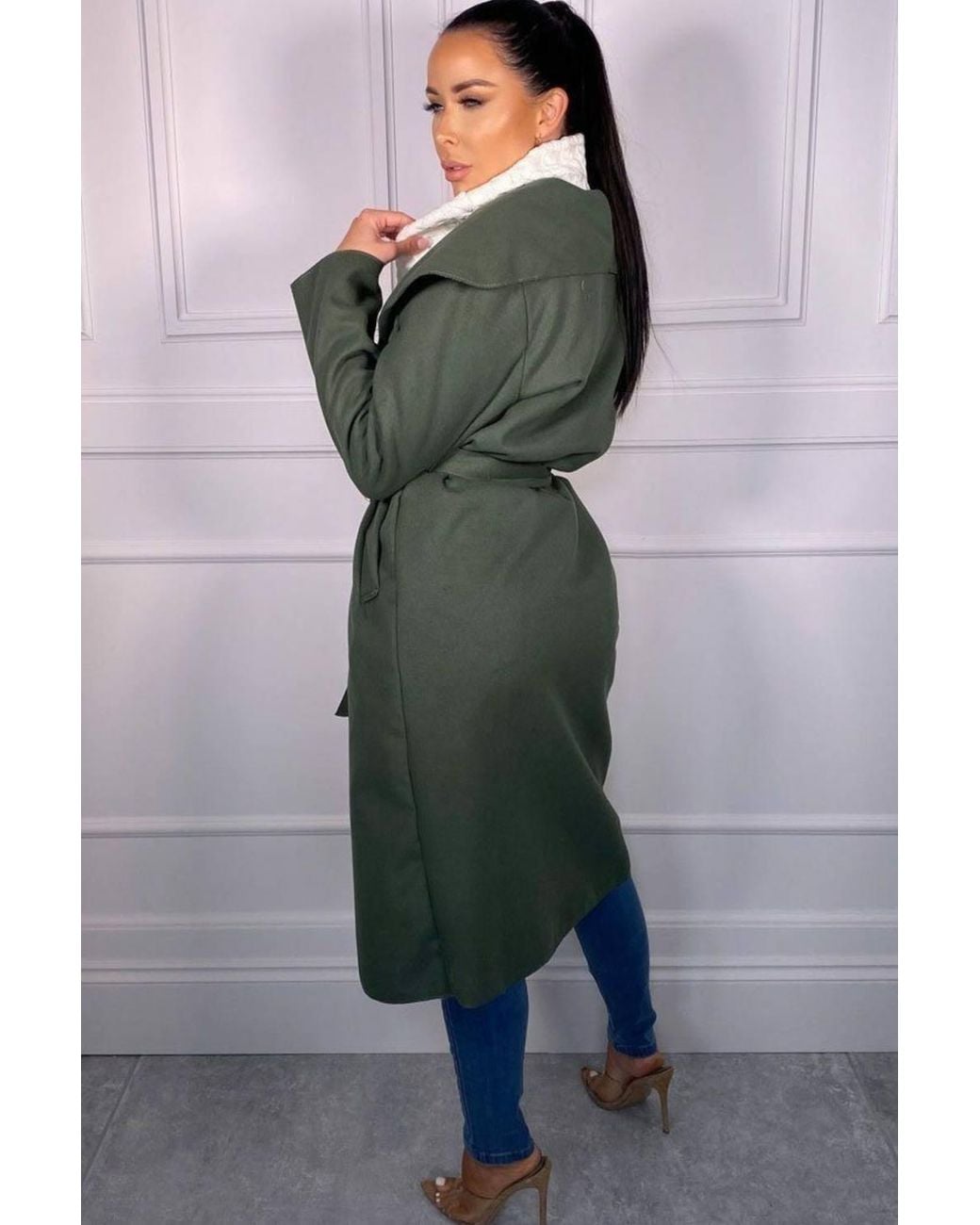 Femme Luxe Green Waterfall Duster Belted Long Coat