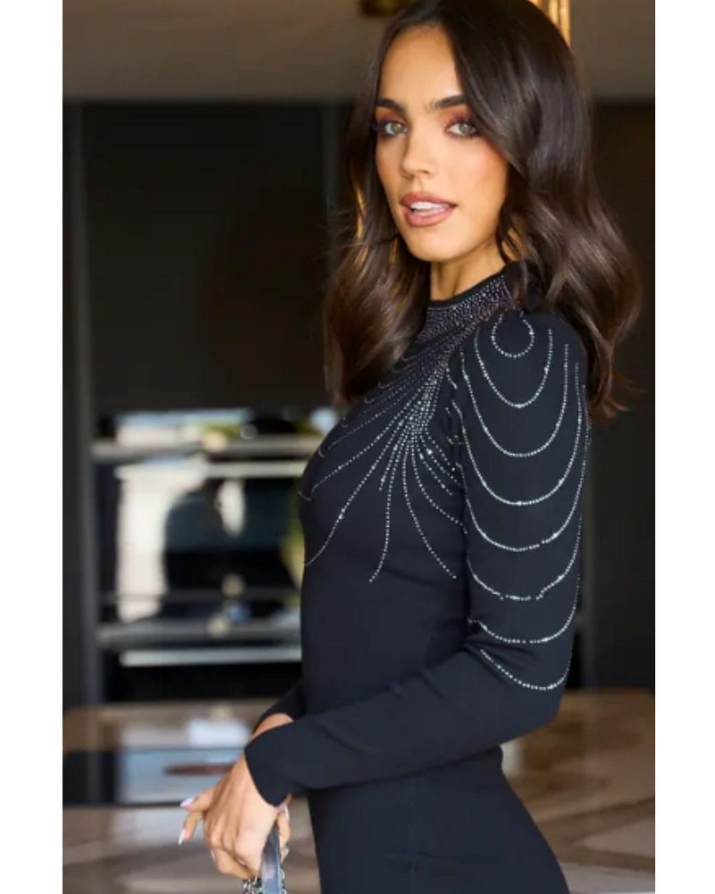 CY Blue Long Sleeves Chain Embellished Bodycon Dress