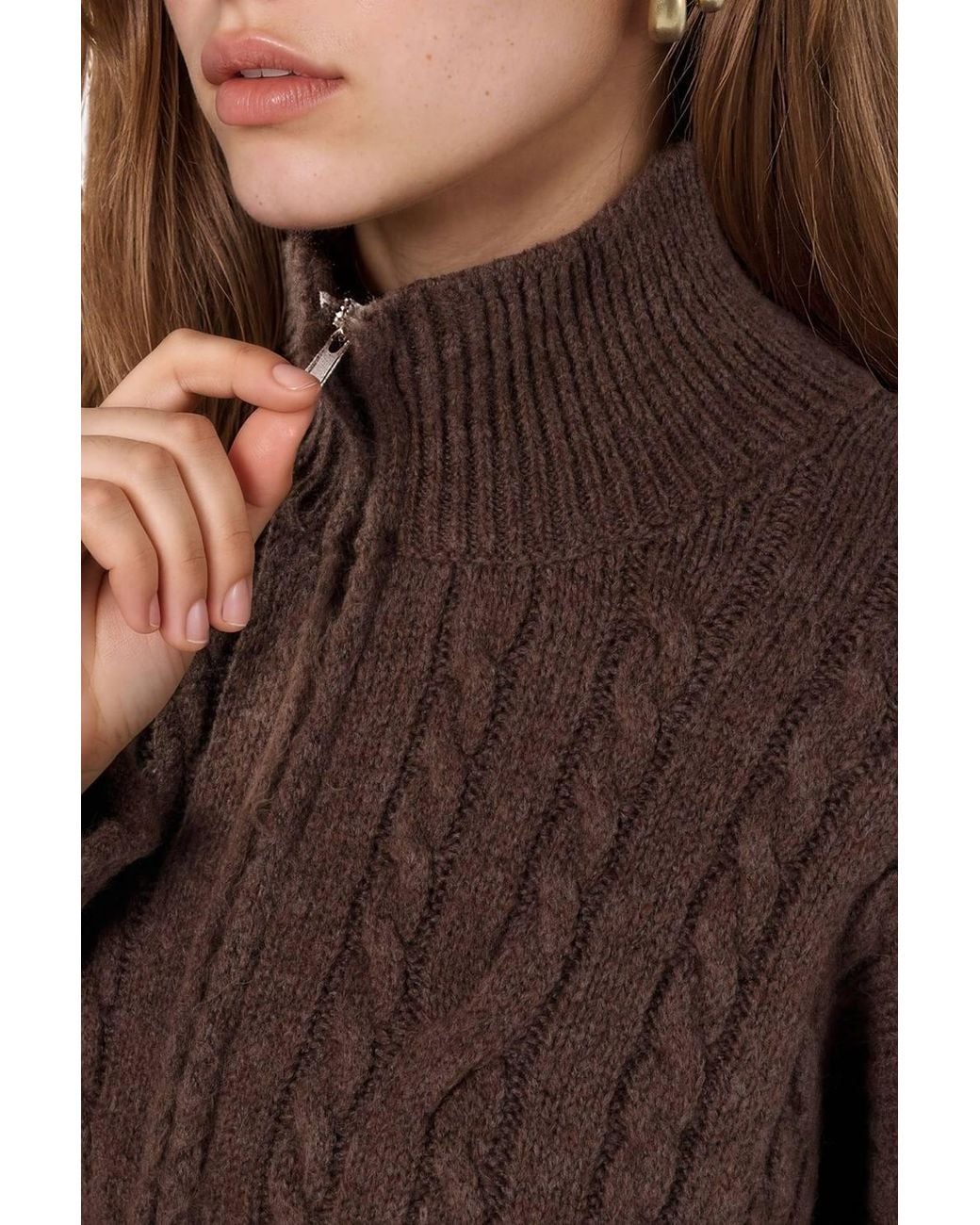 Hiccup Brown Crop Soft Touch Zip-Up Cable Knit Cardigan