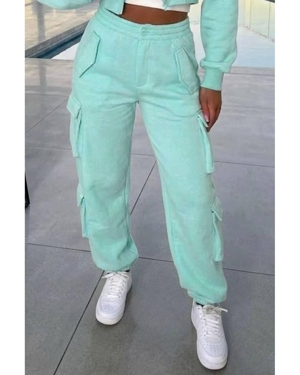 Stylewise Blue Cropped Zip Sweatshirt & Cargo Trouser Tracksuit Co-Ord
