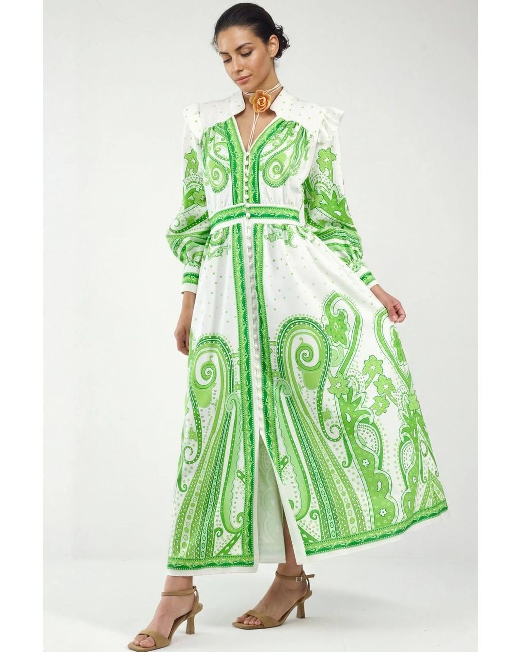Msn-Collection Green V-Neck Paisley Maxi Dress With Slit