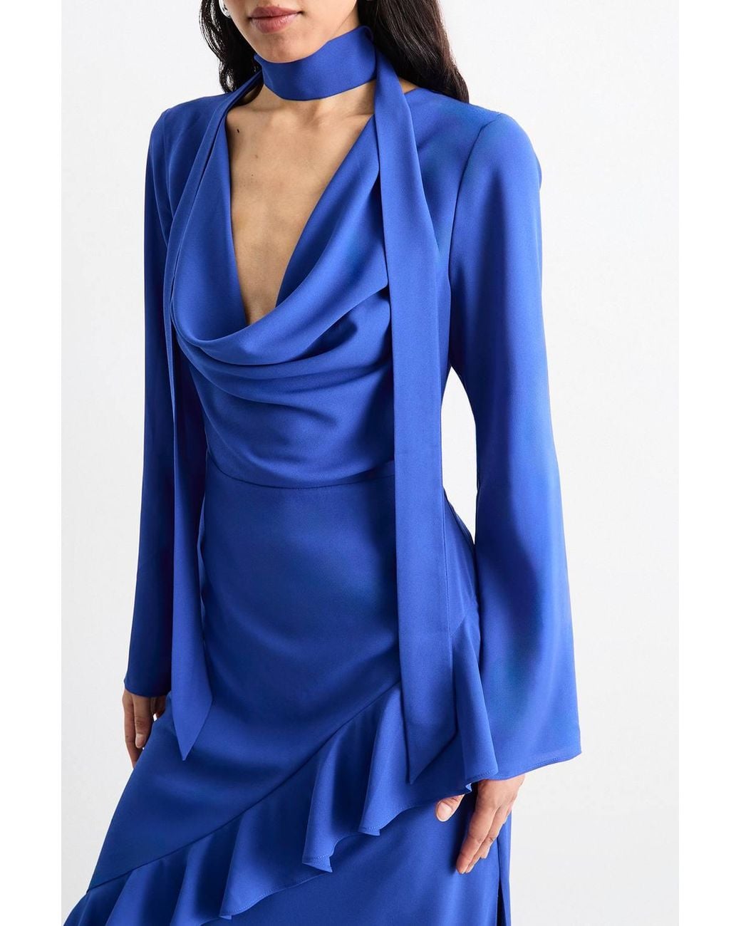 Warehouse Blue Long Sleeve Cowl Neck Ruffle Detail Maxi Dress