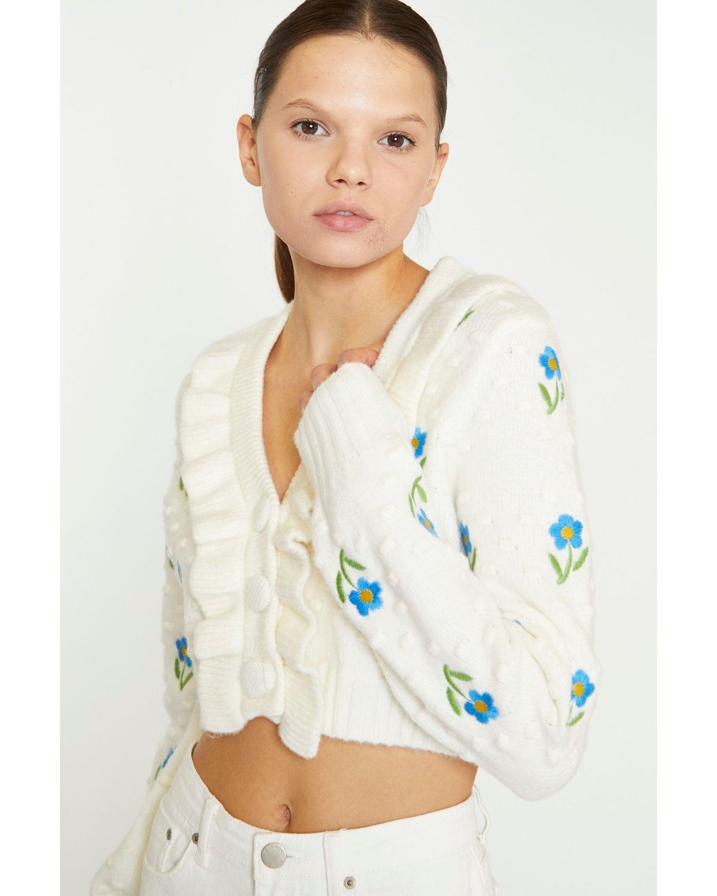 Shnoo White Ruffle Embroidered Cardigan