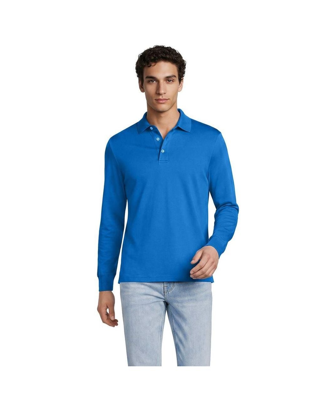 Lands' End Blue Long Sleeve Supima Polo Shirt, Traditional Fit for men