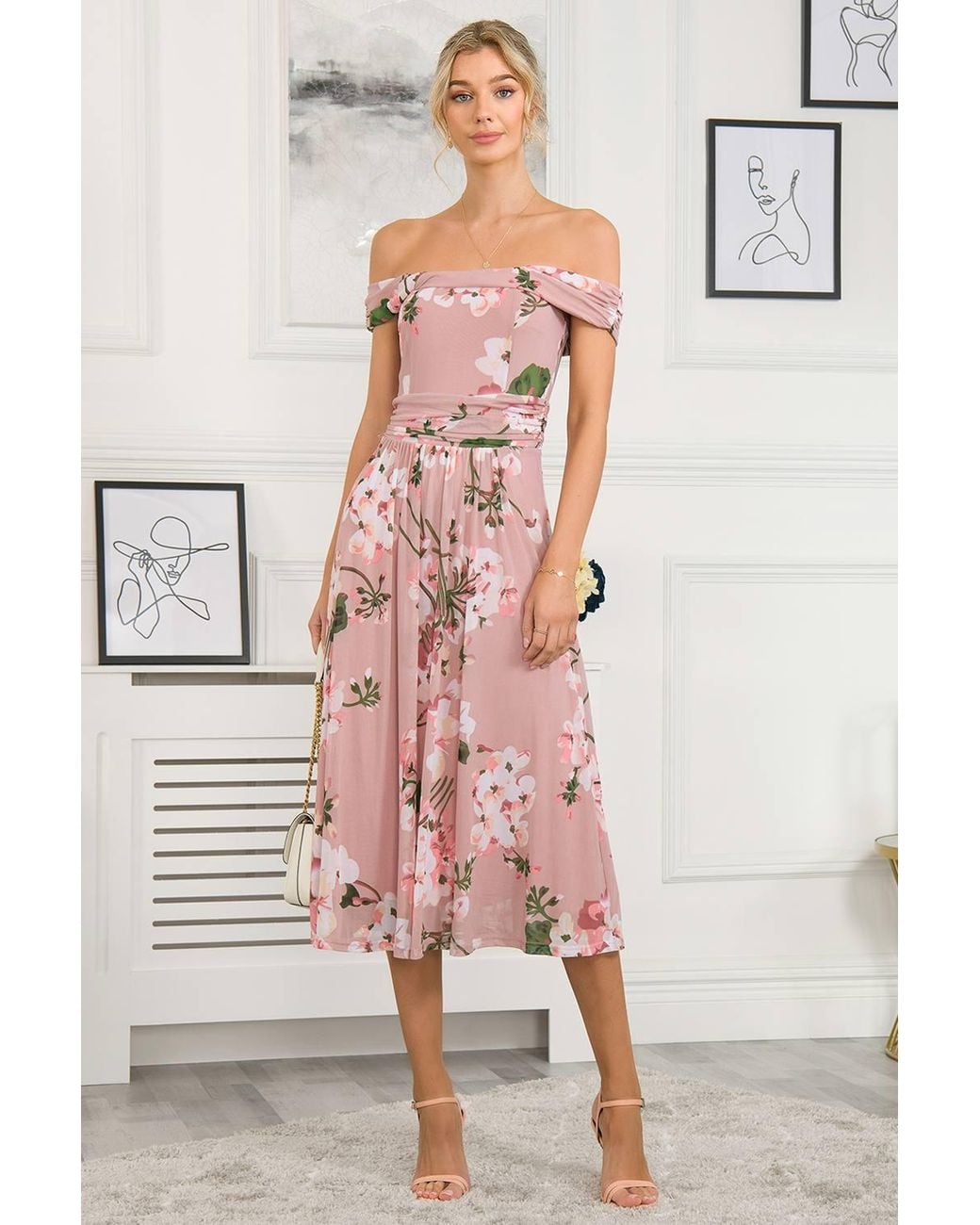 Jolie Moi Pink Rawiya Bardot Neck Mesh Dress