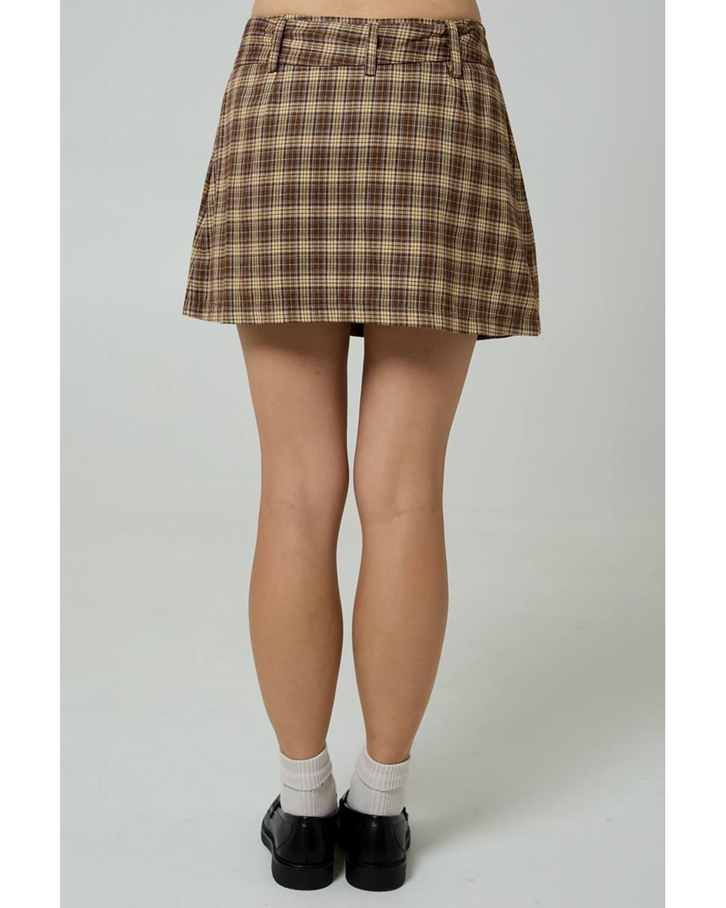 Neon Rose Brown Plaid Check A-Line Wrap Front Mini Skirt