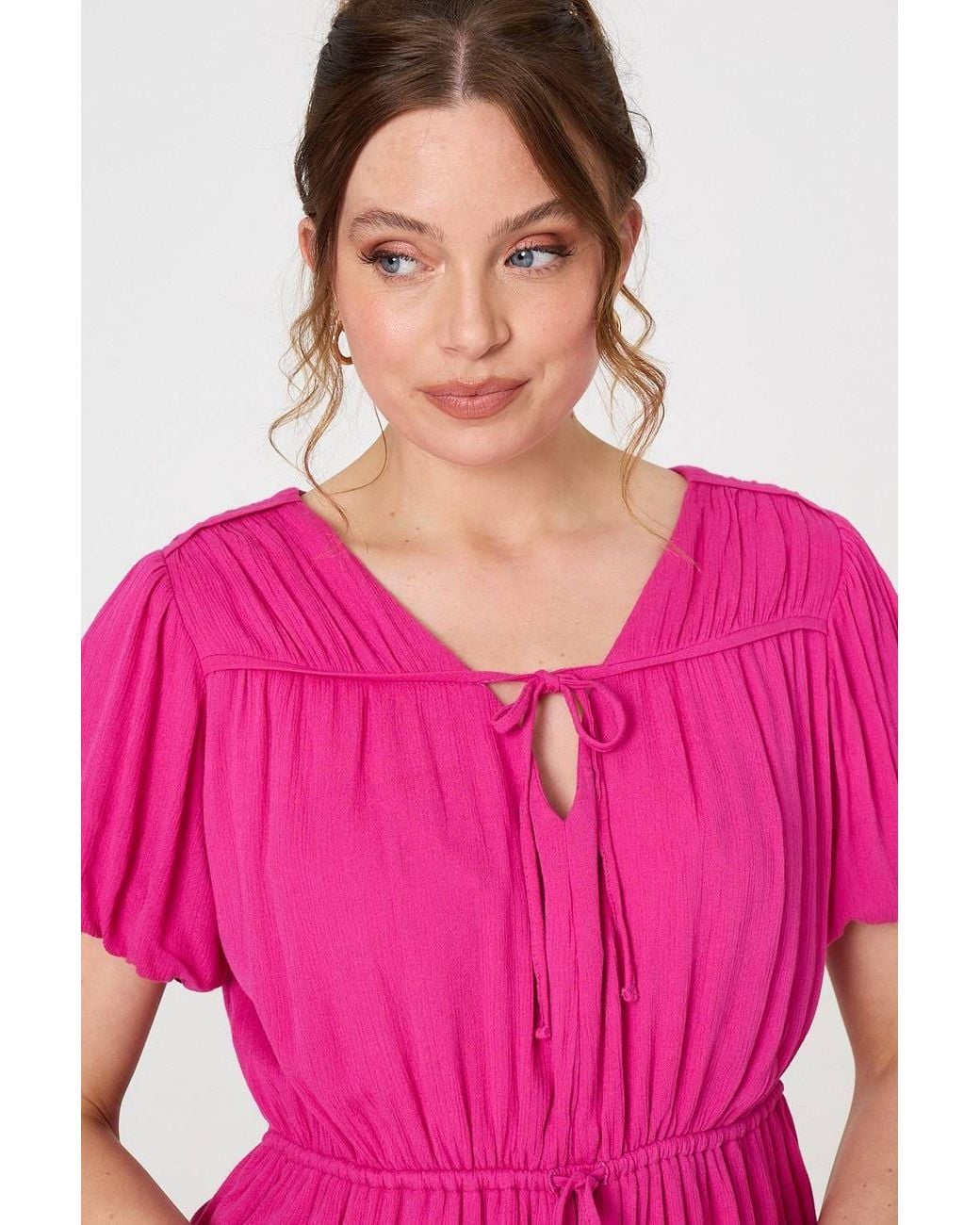 Izabel London Pink Ruched Short Puff Sleeve Peplum Blouse